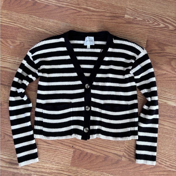 PINK ROSE Black and White Striped Button-down Sweater - Picture 1 of 4